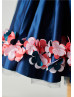 Navy Blue Satin Knee Length Flower Girl Dress With Handmade Flowers